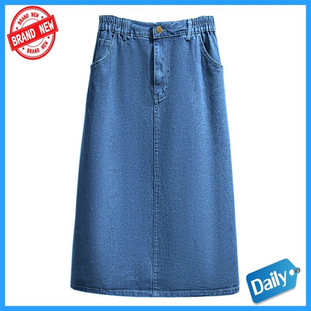 Stretchy Denim Midi Skirt with Pockets, Elastic Waist A-Line Flare